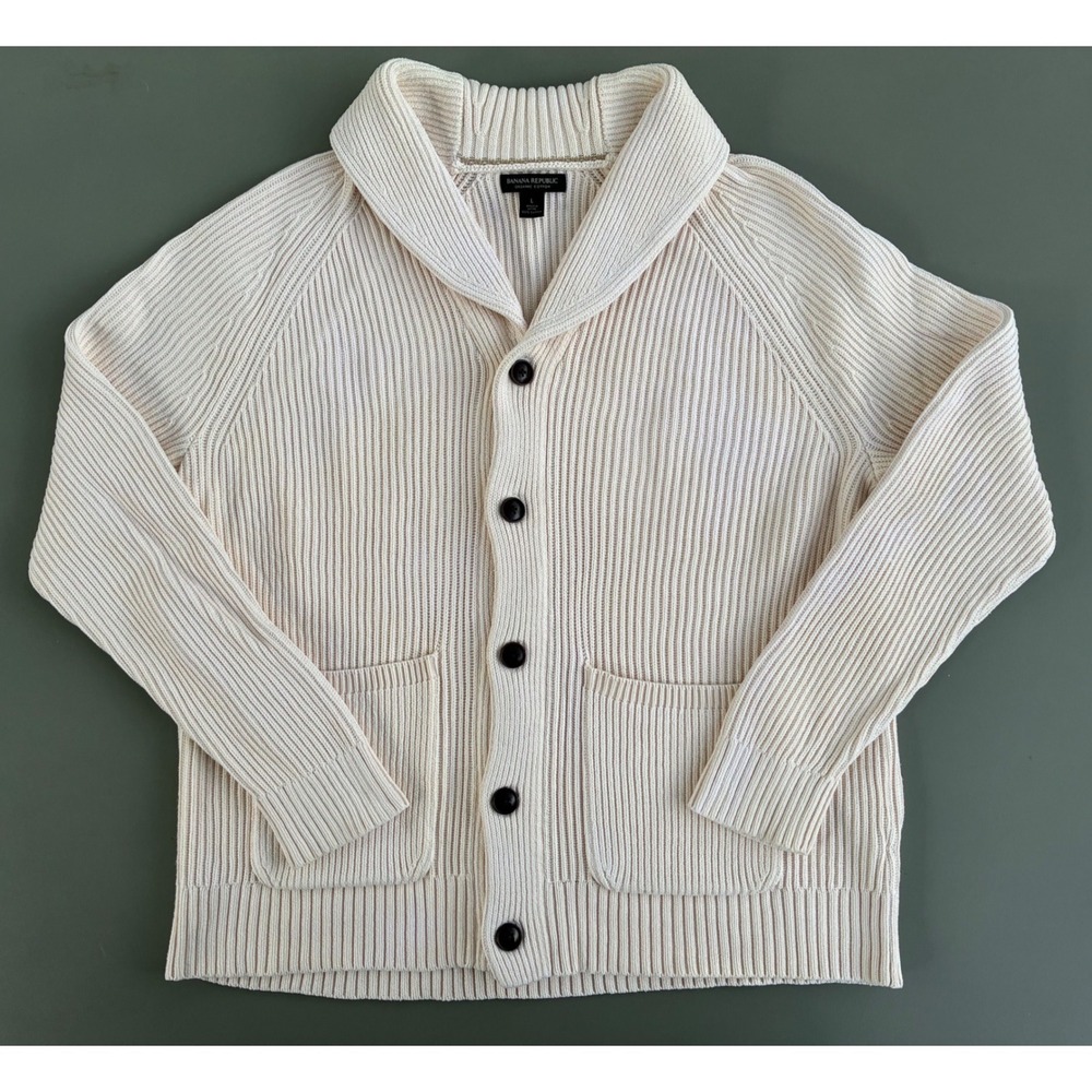 Banana Republic Organic Cotton Ribbed Shawl Collar Cardigan Sweater Cream L